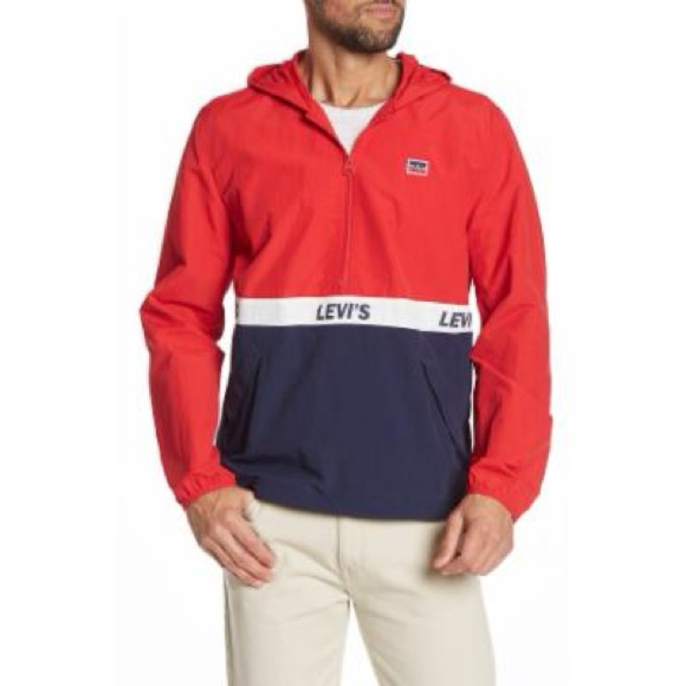 New mens Levi’s Pullover Jacket Hood Red Blue Size Large